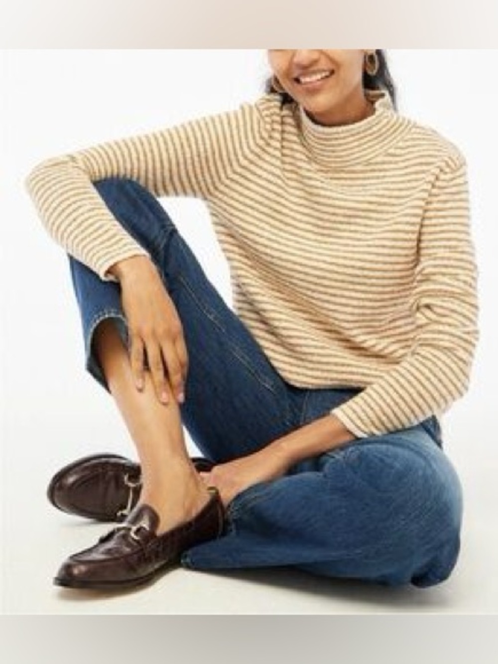 J. Crew Cream & Brown Striped Mockneck Sweater